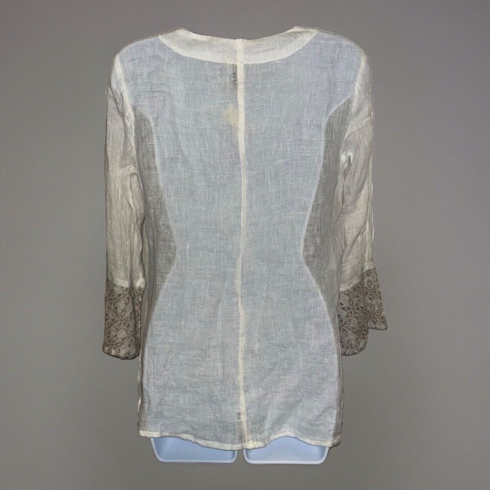 NWT Marilu` (Small) Linen Top Sheer Italy White Embroidered Slit Tunic Button - Picture 2 of 14